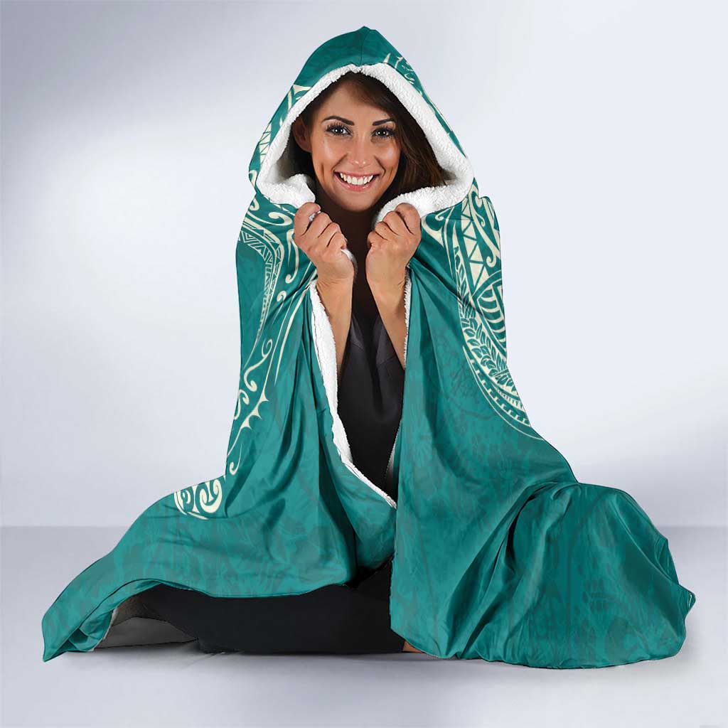 Plumeria Hooded Blanket Polynesian Tribal Frangipani Teal