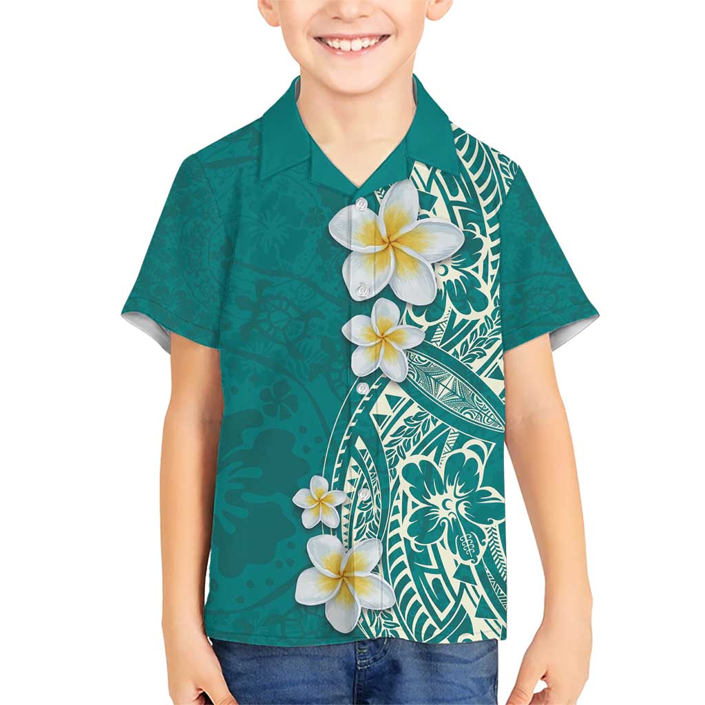 Plumeria Kid Hawaiian Shirt Polynesian Tribal Frangipani Teal