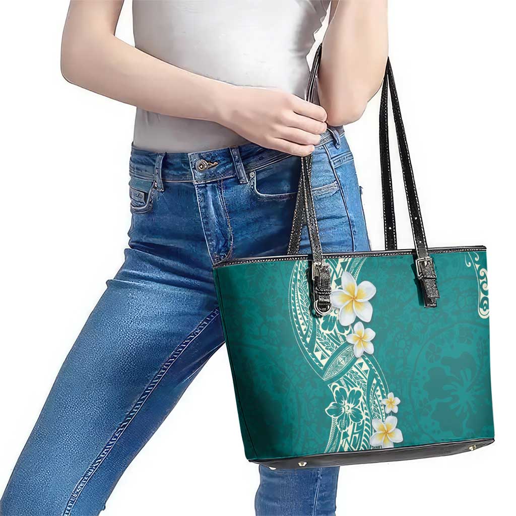 Plumeria Leather Tote Bag Polynesian Tribal Frangipani Teal