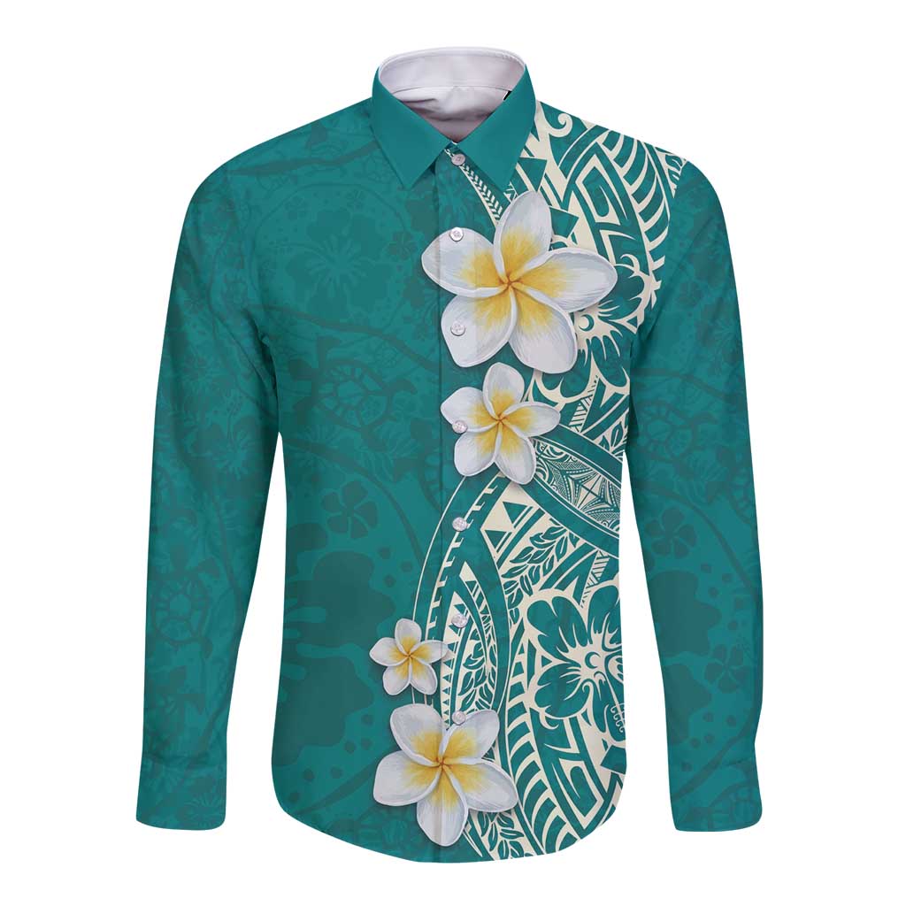 Plumeria Long Sleeve Button Shirt Polynesian Tribal Frangipani Teal LT03 Unisex Teal - Polynesian Pride