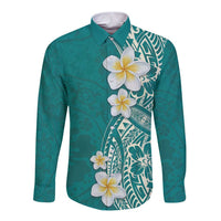 Plumeria Long Sleeve Button Shirt Polynesian Tribal Frangipani Teal LT03 Unisex Teal - Polynesian Pride