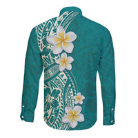 Plumeria Long Sleeve Button Shirt Polynesian Tribal Frangipani Teal LT03 - Polynesian Pride