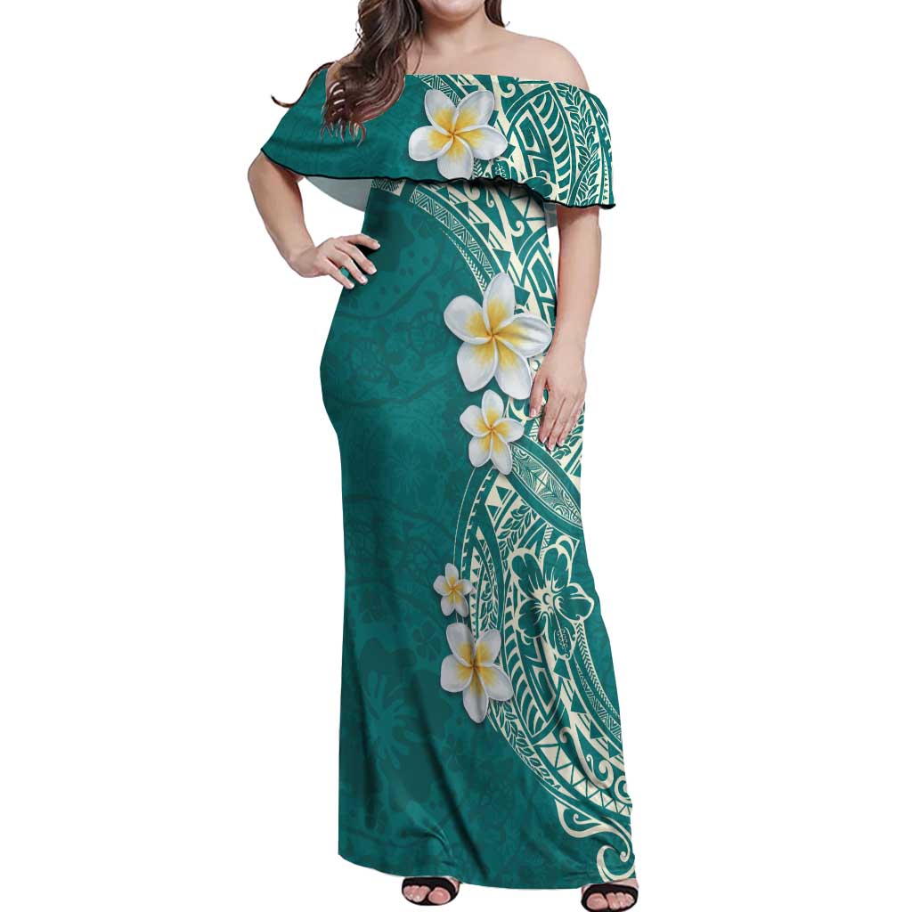 Plumeria Off Shoulder Maxi Dress Polynesian Tribal Frangipani Teal