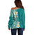 Plumeria Off Shoulder Sweater Polynesian Tribal Frangipani Teal