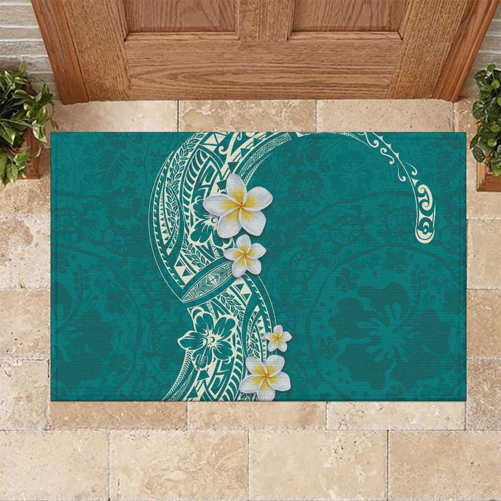 Plumeria Rubber Doormat Polynesian Tribal Frangipani Teal