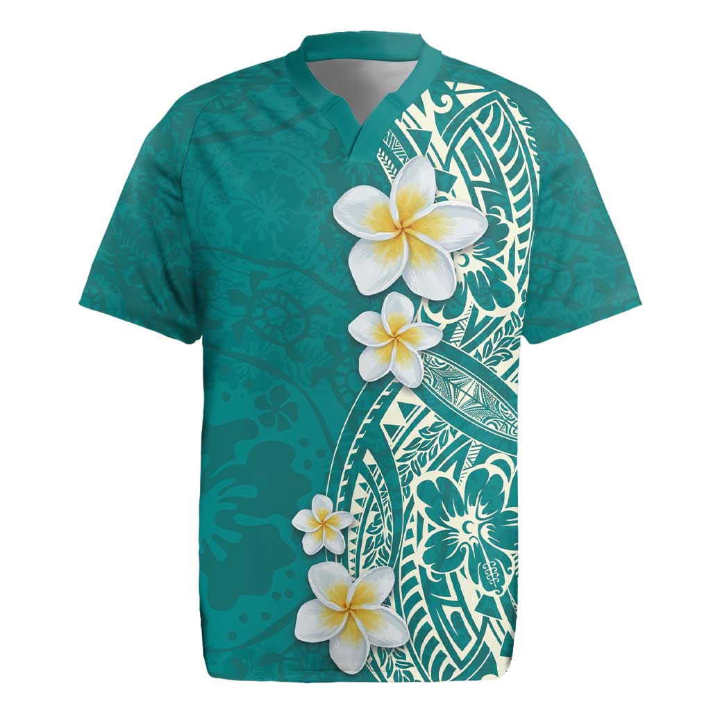 Plumeria Rugby Jersey Polynesian Tribal Frangipani Teal