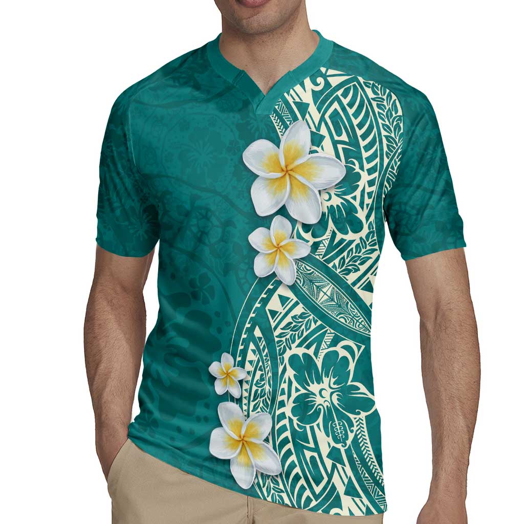 Plumeria Rugby Jersey Polynesian Tribal Frangipani Teal