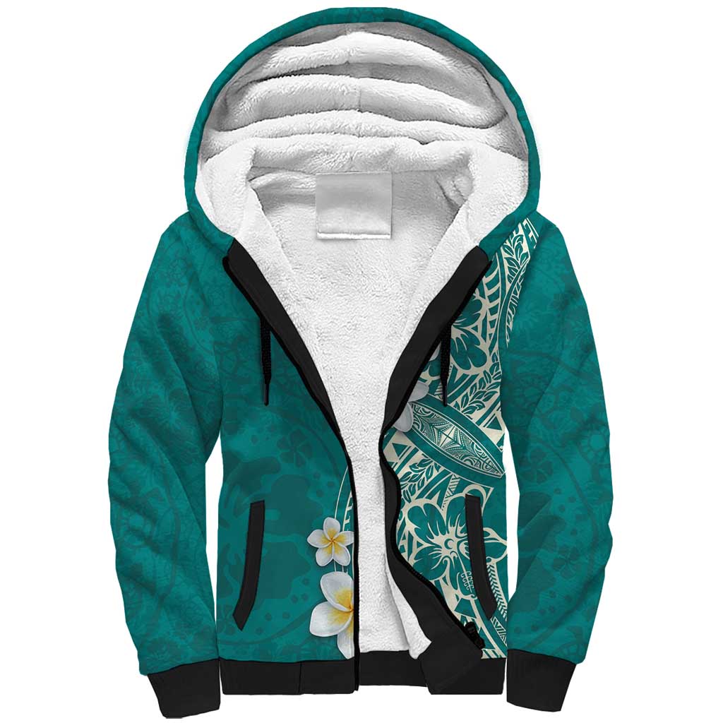 Plumeria Sherpa Hoodie Polynesian Tribal Frangipani Teal