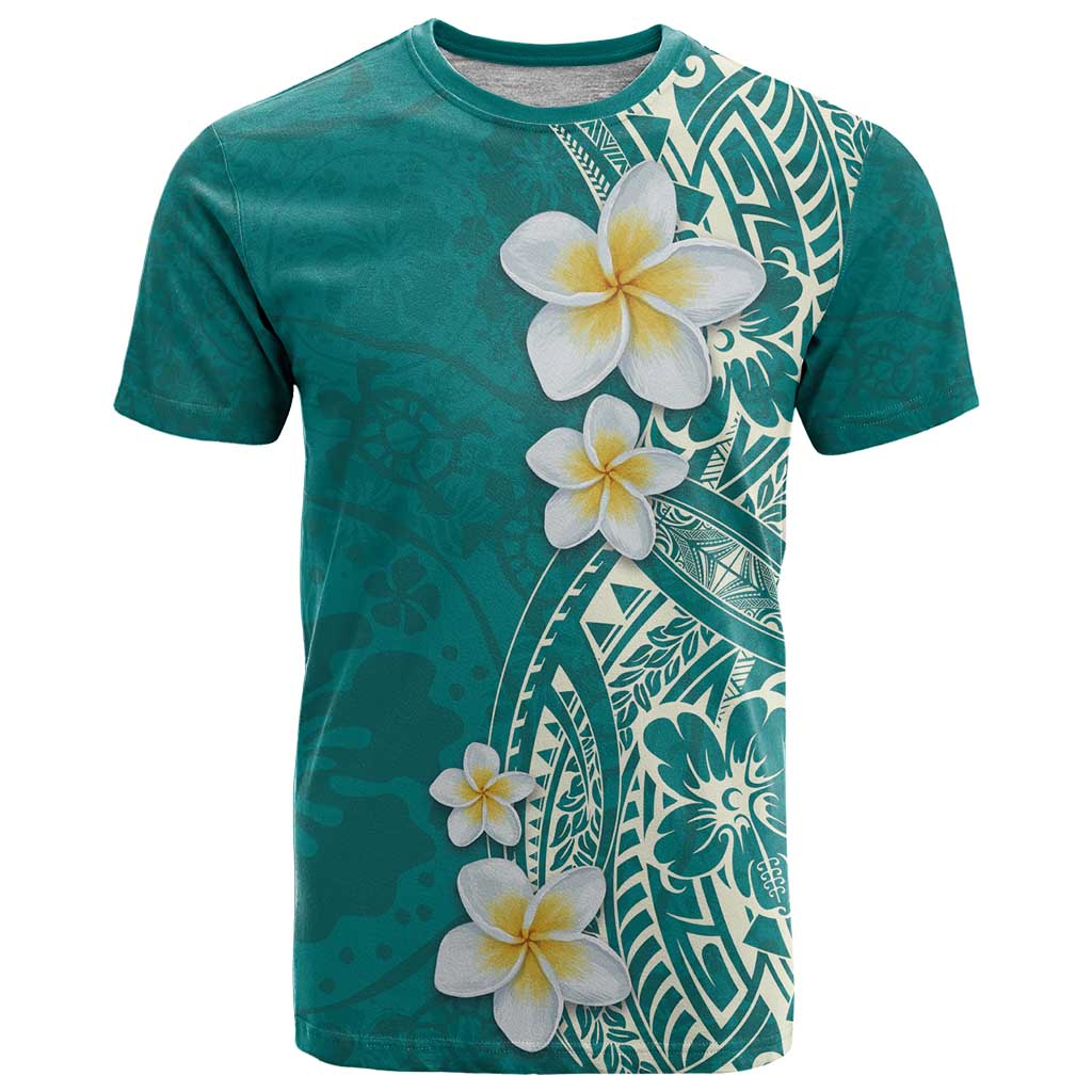 Plumeria T Shirt Polynesian Tribal Frangipani Teal