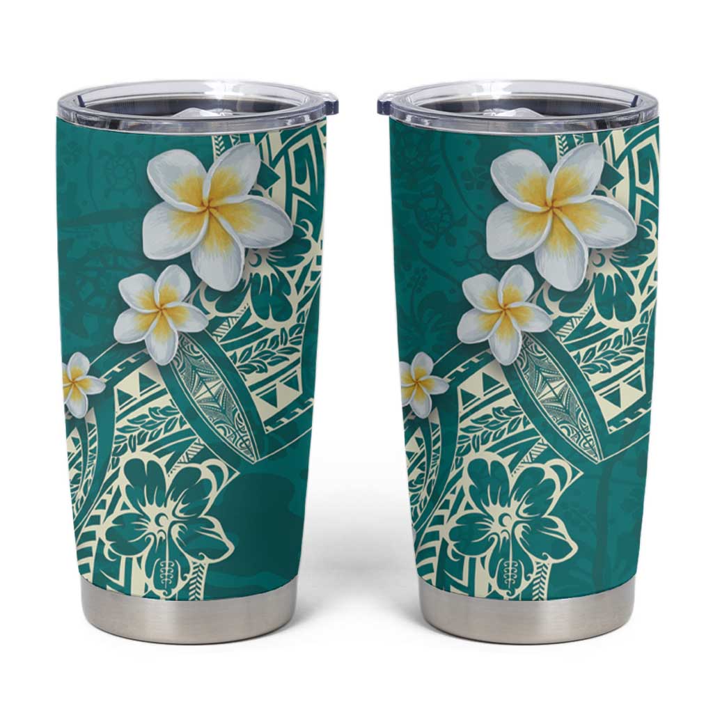 Polynesian Tattoos Frangipani Tumbler Cup Hibiscus Turtles and Tribal Motifs Vintage Floral - Teal Color