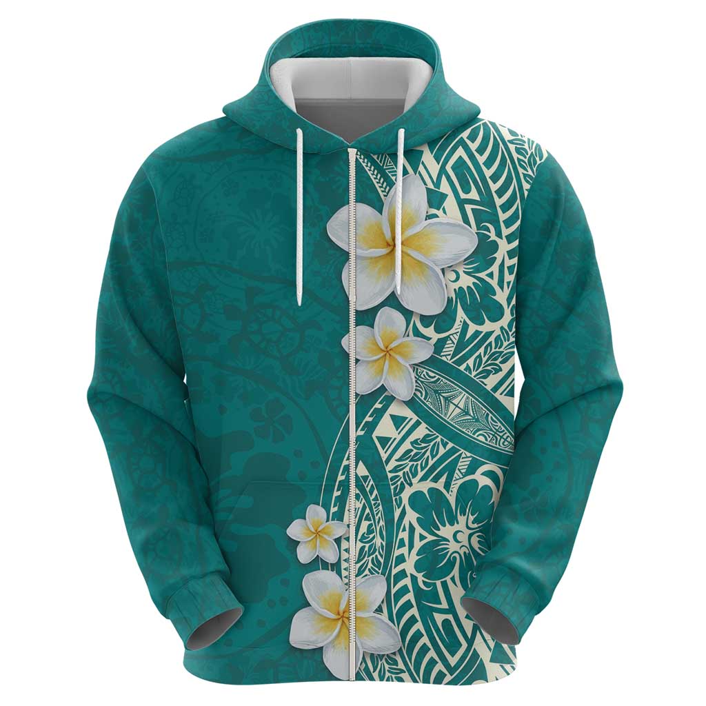 Plumeria Zip Hoodie Polynesian Tribal Frangipani Teal