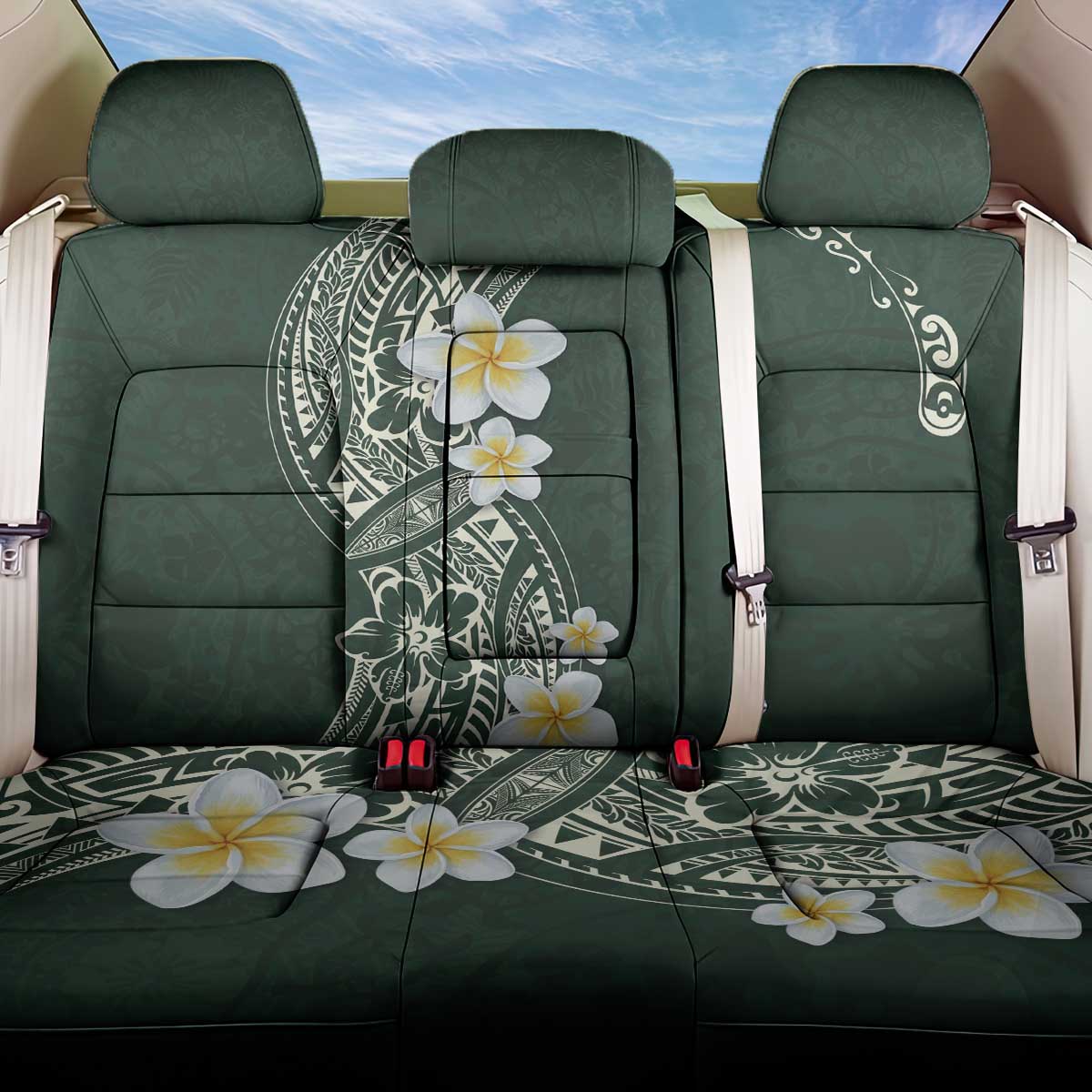 Plumeria Back Car Seat Cover Polynesian Tribal Frangipani Green