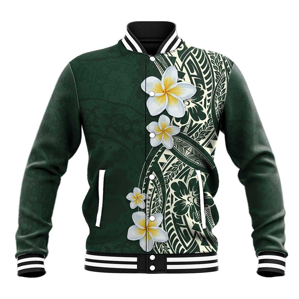 Plumeria Baseball Jacket Polynesian Tribal Frangipani Green LT03 Unisex Green - Polynesian Pride