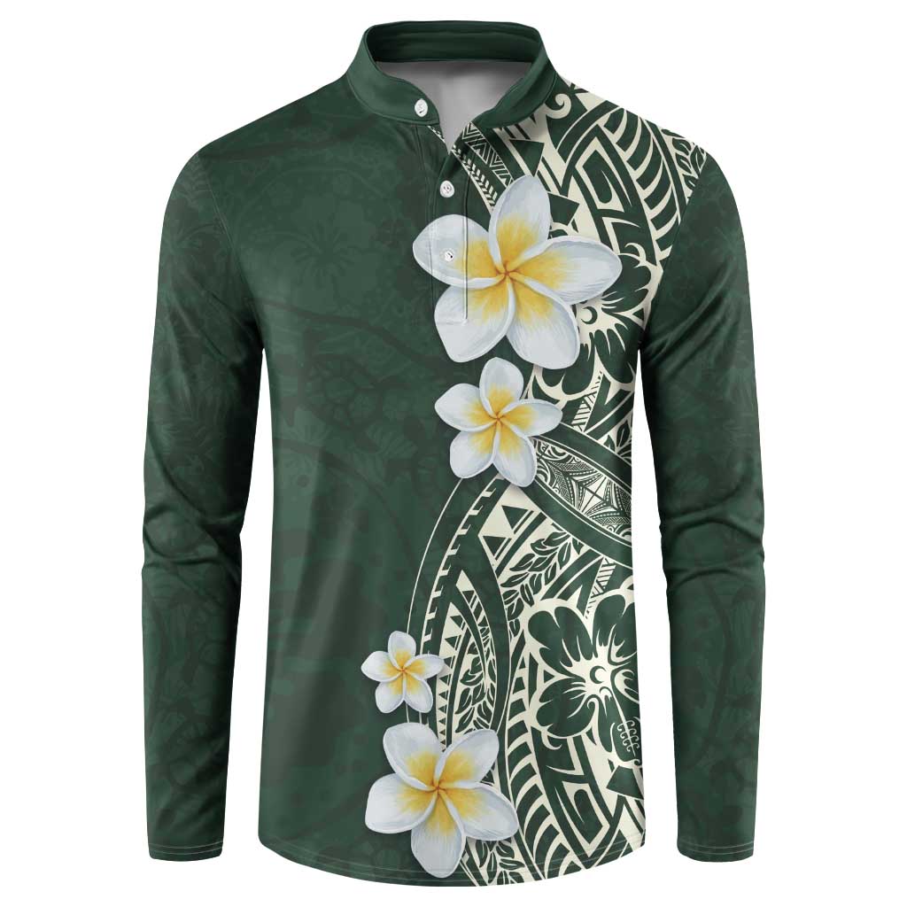 Plumeria Button Sweatshirt Polynesian Tribal Frangipani Green