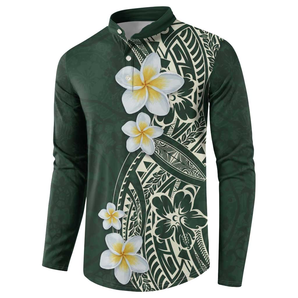 Plumeria Button Sweatshirt Polynesian Tribal Frangipani Green