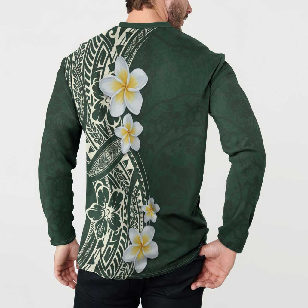 Plumeria Button Sweatshirt Polynesian Tribal Frangipani Green