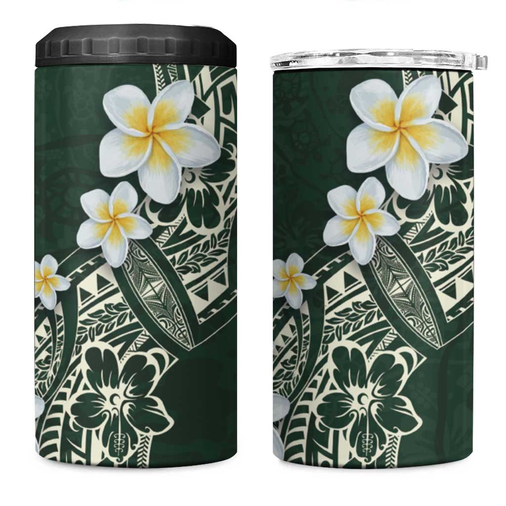 Polynesian Tattoos Frangipani 4 in 1 Can Cooler Tumbler Hibiscus Turtles and Tribal Motifs Vintage Floral - Green Color
