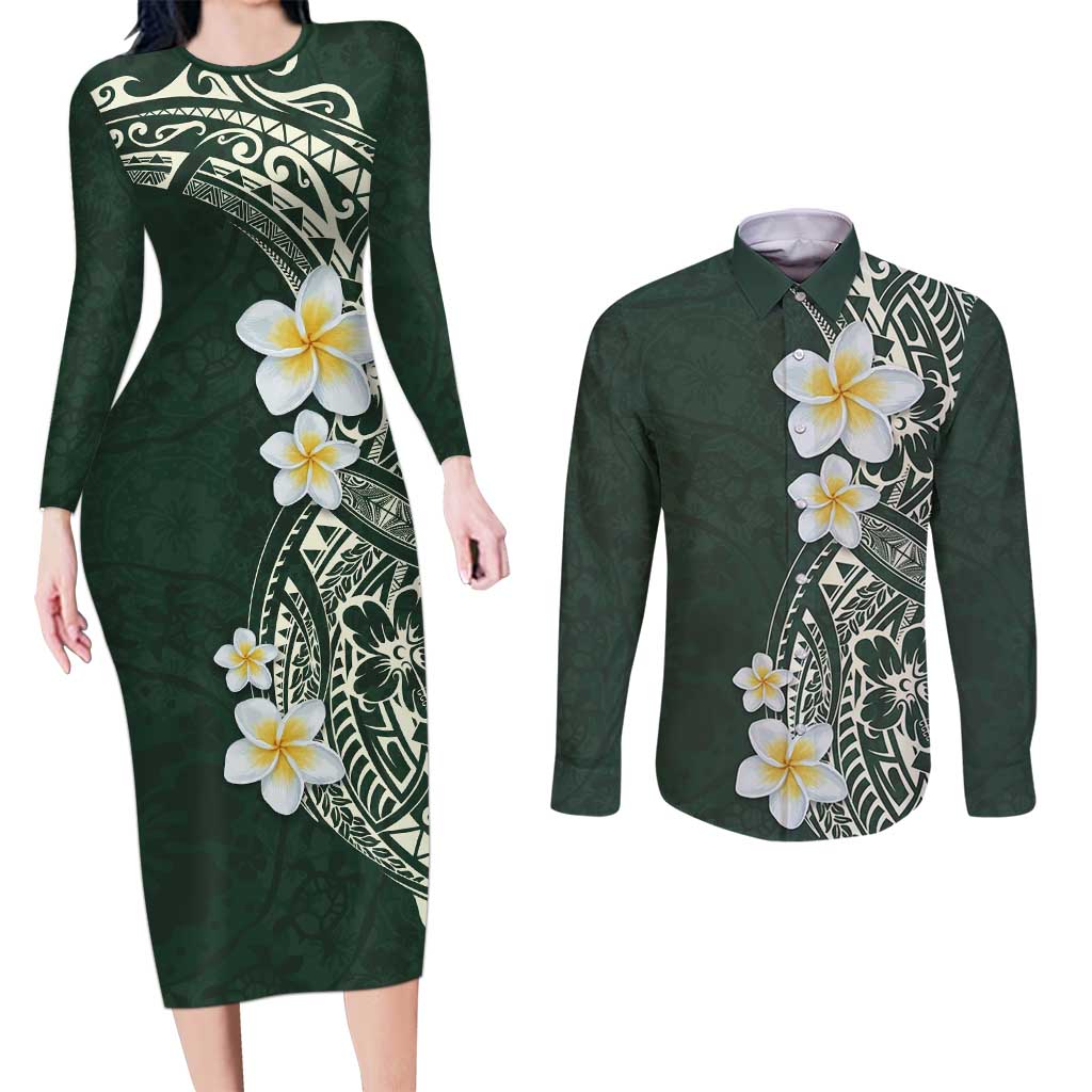 Plumeria Couples Matching Long Sleeve Bodycon Dress and Long Sleeve Button Shirt Polynesian Tribal Frangipani Green