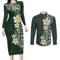Plumeria Couples Matching Long Sleeve Bodycon Dress and Long Sleeve Button Shirt Polynesian Tribal Frangipani Green