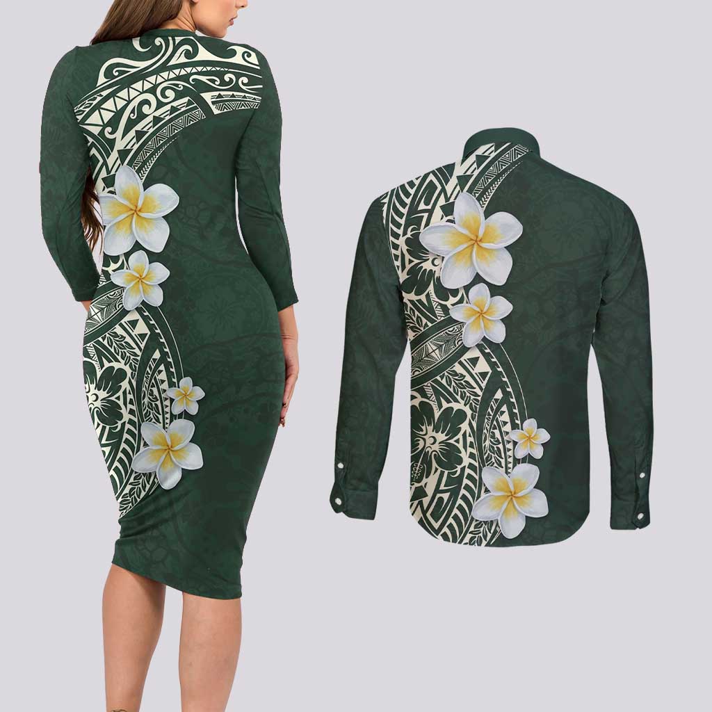 Plumeria Couples Matching Long Sleeve Bodycon Dress and Long Sleeve Button Shirt Polynesian Tribal Frangipani Green