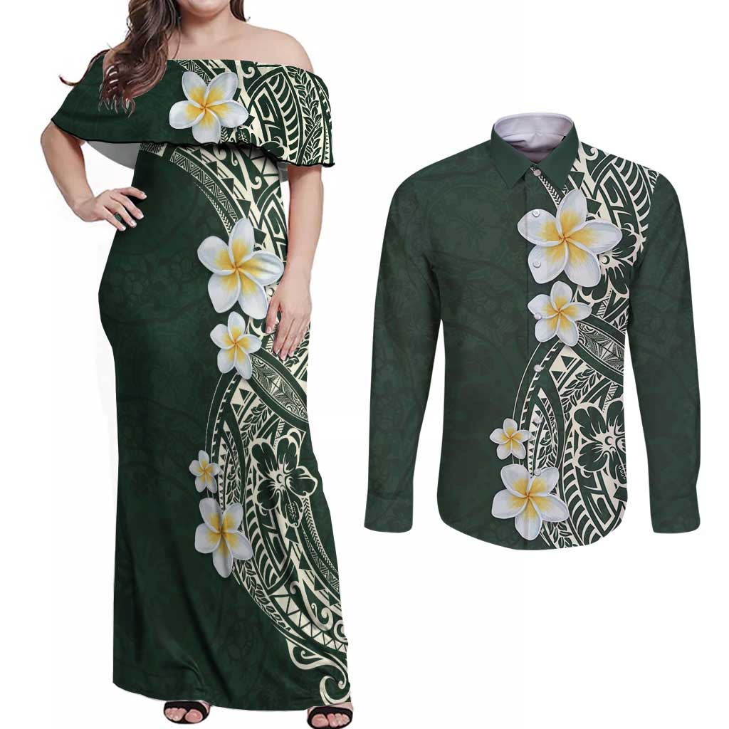 Plumeria Couples Matching Off Shoulder Maxi Dress and Long Sleeve Button Shirt Polynesian Tribal Frangipani Green