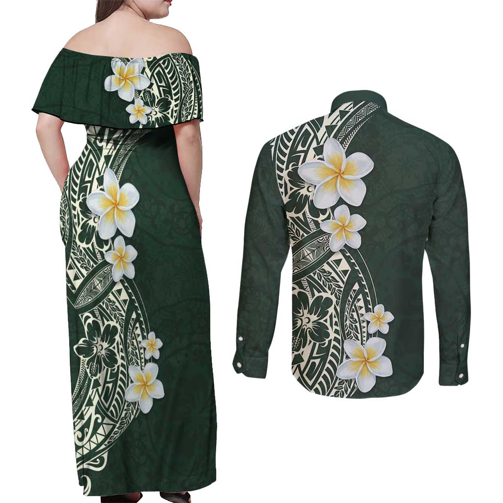 Plumeria Couples Matching Off Shoulder Maxi Dress and Long Sleeve Button Shirt Polynesian Tribal Frangipani Green