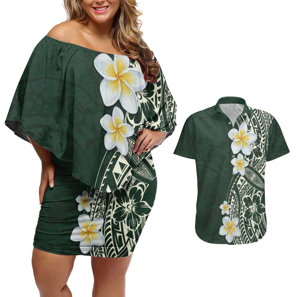 Plumeria Couples Matching Off Shoulder Short Dress and Hawaiian Shirt Polynesian Tribal Frangipani Green