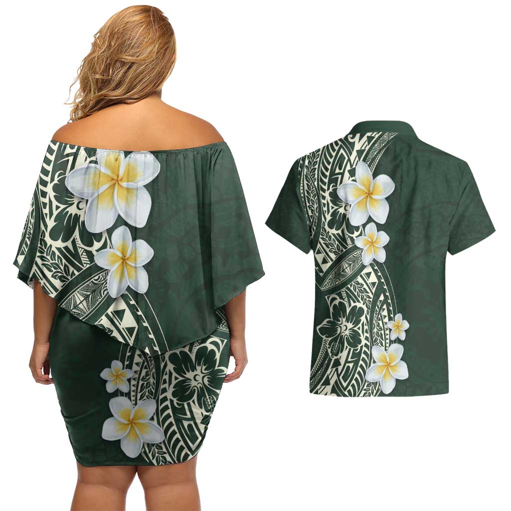 Plumeria Couples Matching Off Shoulder Short Dress and Hawaiian Shirt Polynesian Tribal Frangipani Green