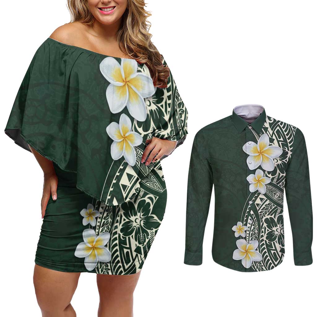 Plumeria Couples Matching Off Shoulder Short Dress and Long Sleeve Button Shirt Polynesian Tribal Frangipani Green