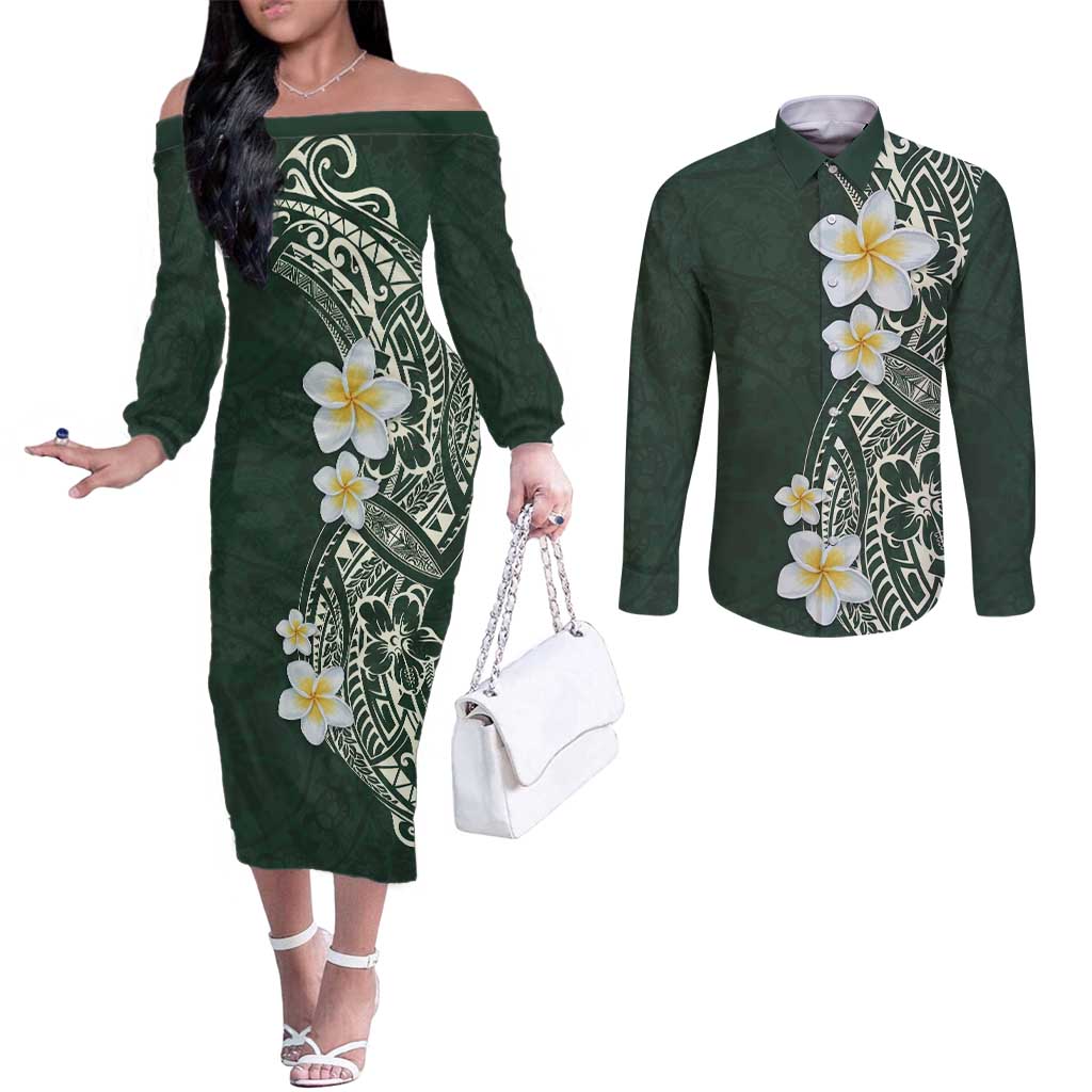 Plumeria Couples Matching Off The Shoulder Long Sleeve Dress and Long Sleeve Button Shirt Polynesian Tribal Frangipani Green