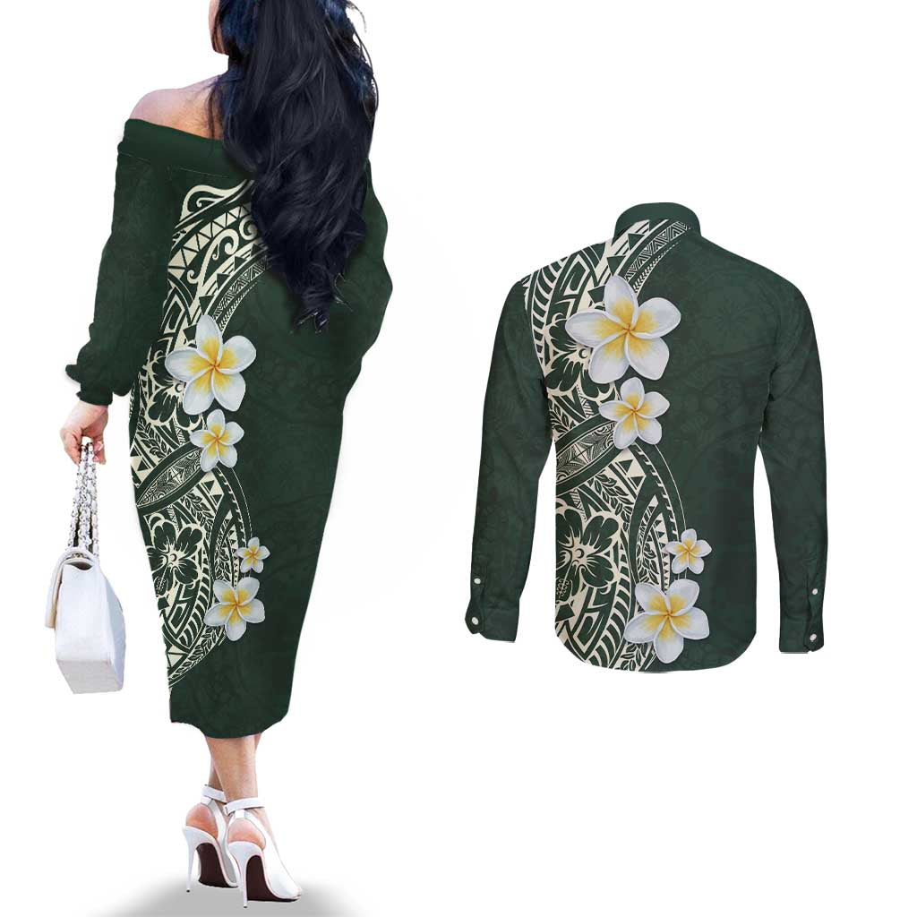 Plumeria Couples Matching Off The Shoulder Long Sleeve Dress and Long Sleeve Button Shirt Polynesian Tribal Frangipani Green