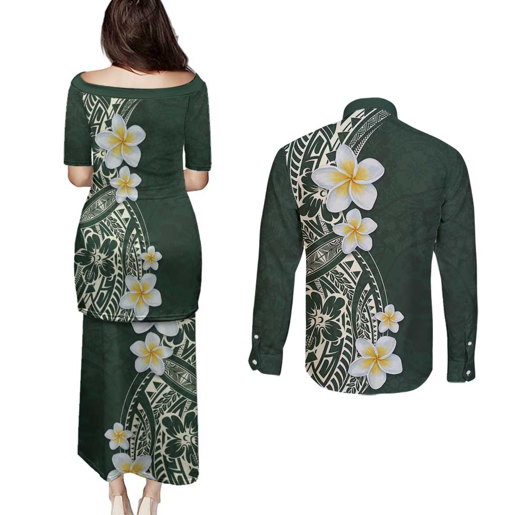 Plumeria Couples Matching Puletasi and Long Sleeve Button Shirt Polynesian Tribal Frangipani Green