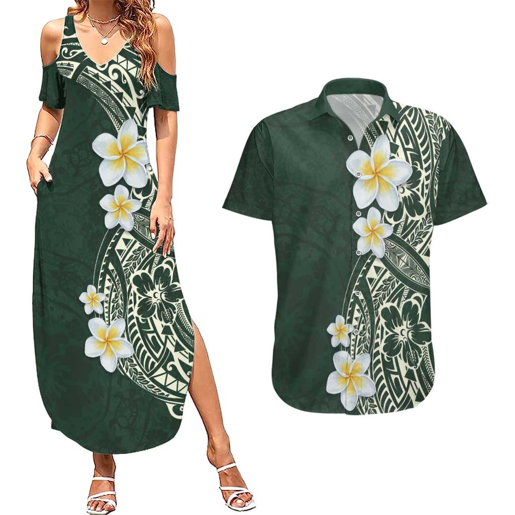 Plumeria Couples Matching Summer Maxi Dress and Hawaiian Shirt Polynesian Tribal Frangipani Green