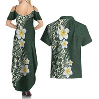 Plumeria Couples Matching Summer Maxi Dress and Hawaiian Shirt Polynesian Tribal Frangipani Green