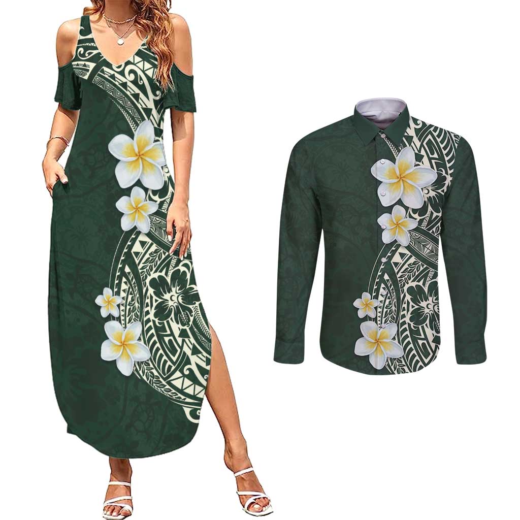 Plumeria Couples Matching Summer Maxi Dress and Long Sleeve Button Shirt Polynesian Tribal Frangipani Green
