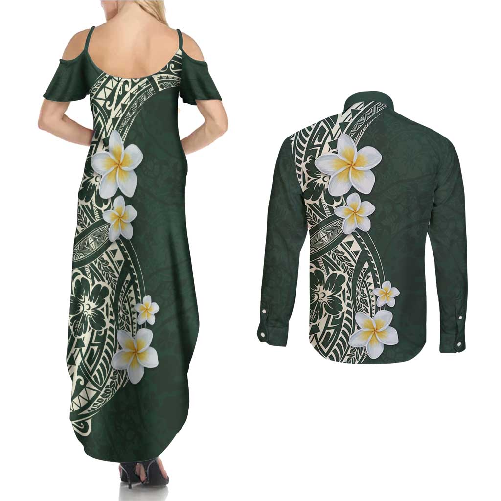 Plumeria Couples Matching Summer Maxi Dress and Long Sleeve Button Shirt Polynesian Tribal Frangipani Green