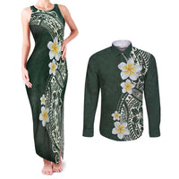 Plumeria Couples Matching Tank Maxi Dress and Long Sleeve Button Shirt Polynesian Tribal Frangipani Green