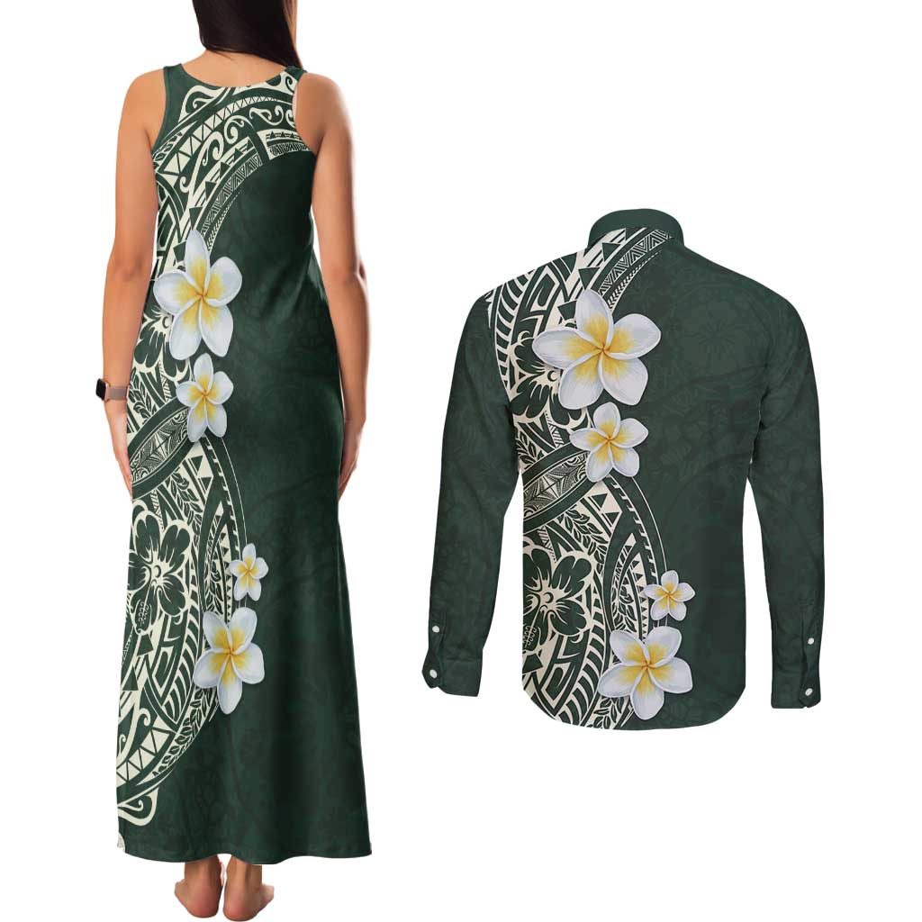 Plumeria Couples Matching Tank Maxi Dress and Long Sleeve Button Shirt Polynesian Tribal Frangipani Green