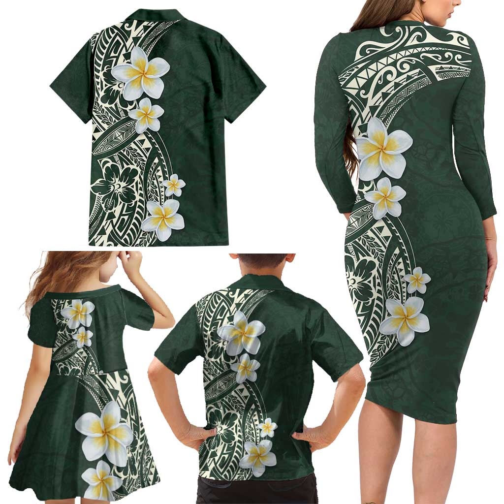 Plumeria Family Matching Long Sleeve Bodycon Dress and Hawaiian Shirt Polynesian Tribal Frangipani Green LT03 - Polynesian Pride