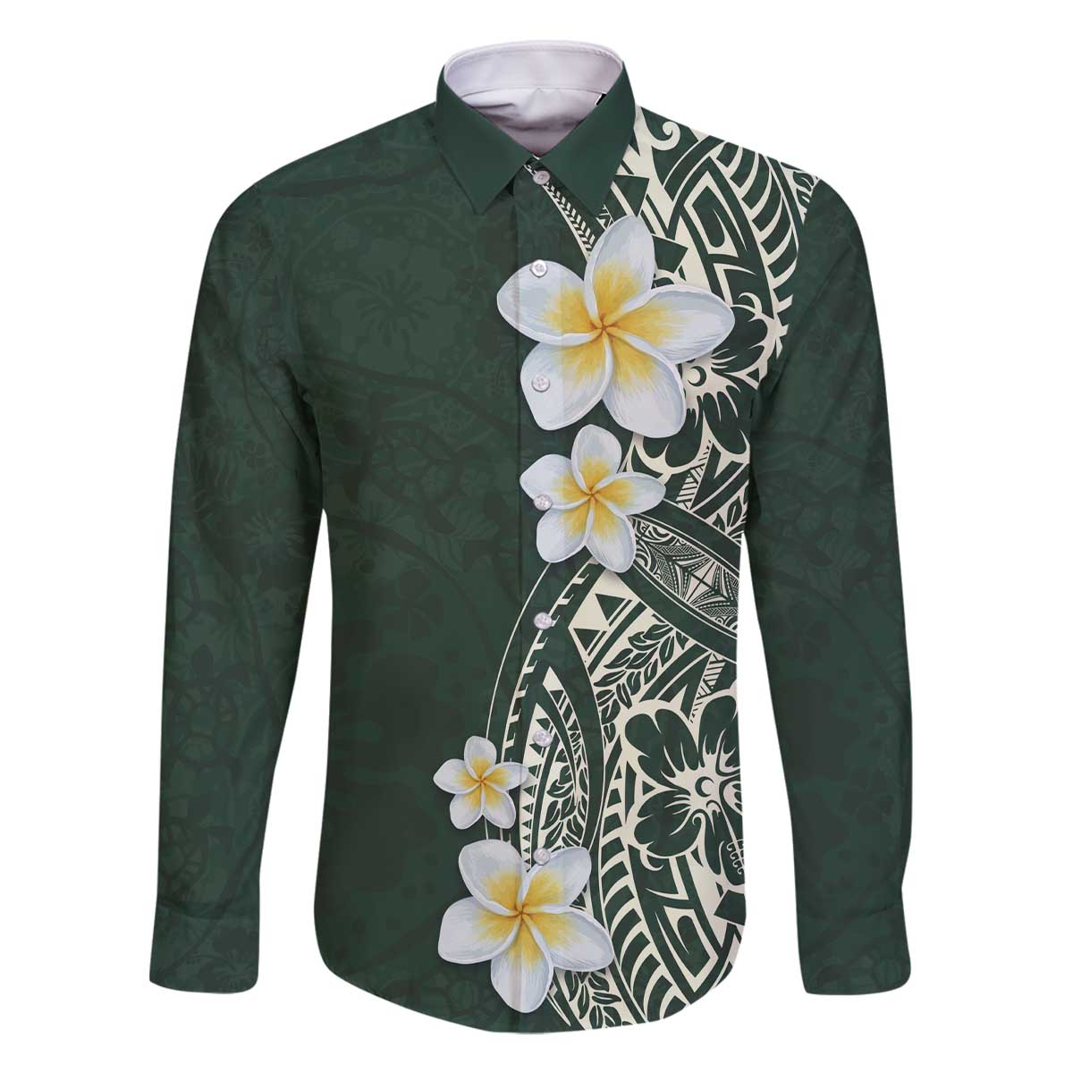 Plumeria Family Matching Off The Shoulder Long Sleeve Dress and Hawaiian Shirt Polynesian Tribal Frangipani Green
