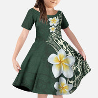 Plumeria Family Matching Off Shoulder Maxi Dress and Hawaiian Shirt Polynesian Tribal Frangipani Green LT03 Daughter's Dress Green - Polynesian Pride