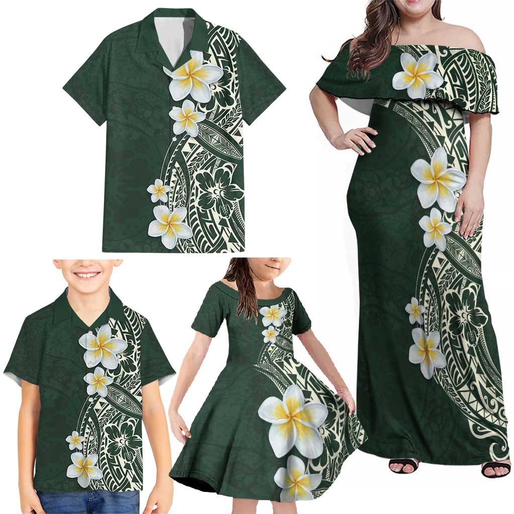 Plumeria Family Matching Off Shoulder Maxi Dress and Hawaiian Shirt Polynesian Tribal Frangipani Green LT03 - Polynesian Pride