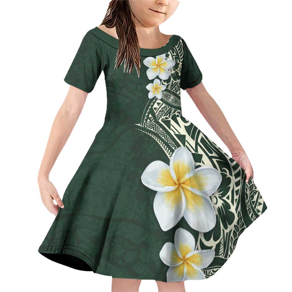 Plumeria Family Matching Off Shoulder Short Dress and Hawaiian Shirt Polynesian Tribal Frangipani Green LT03 Daughter's Dress Green - Polynesian Pride