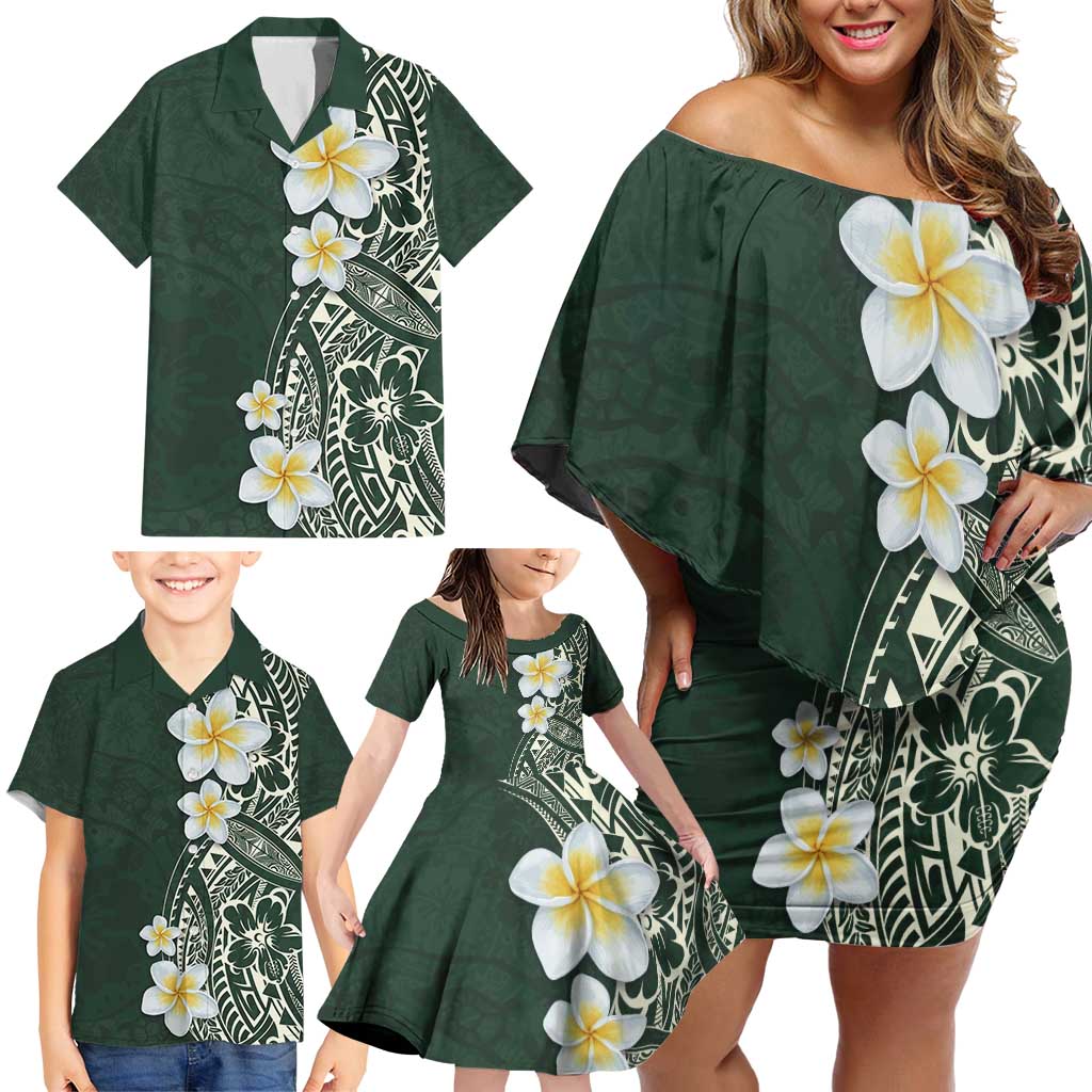 Plumeria Family Matching Off Shoulder Short Dress and Hawaiian Shirt Polynesian Tribal Frangipani Green LT03 - Polynesian Pride