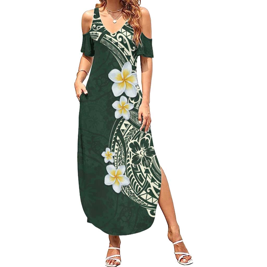 Plumeria Family Matching Summer Maxi Dress and Hawaiian Shirt Polynesian Tribal Frangipani Green LT03 Mom's Dress Green - Polynesian Pride