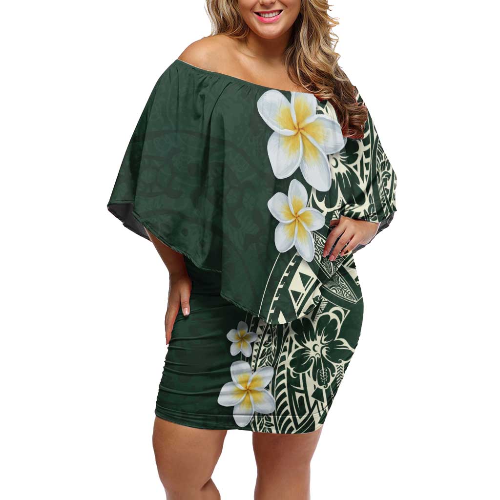 Plumeria Off Shoulder Short Dress Polynesian Tribal Frangipani Green