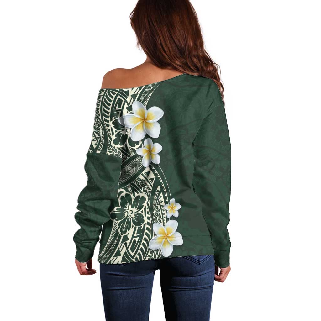 Plumeria Off Shoulder Sweater Polynesian Tribal Frangipani Green