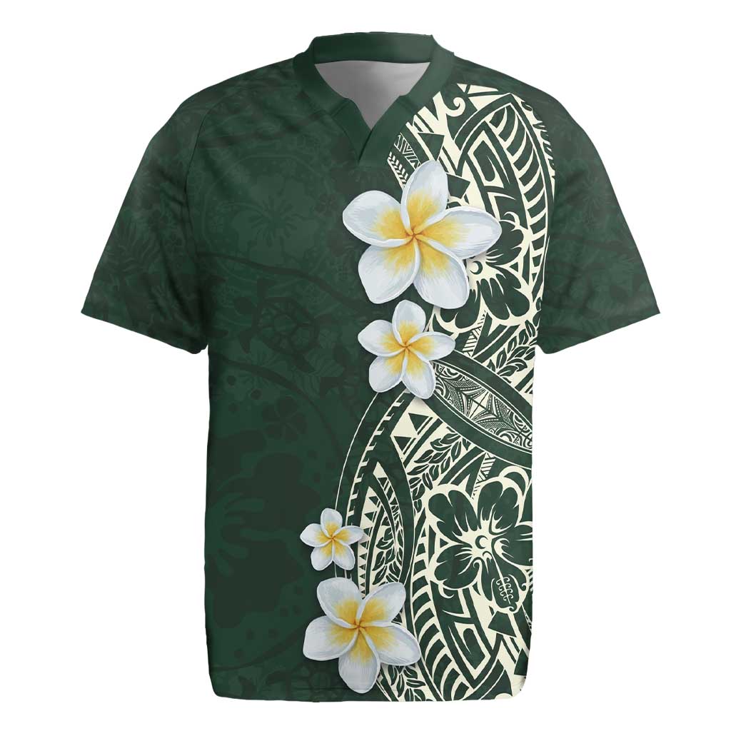 Plumeria Rugby Jersey Polynesian Tribal Frangipani Green