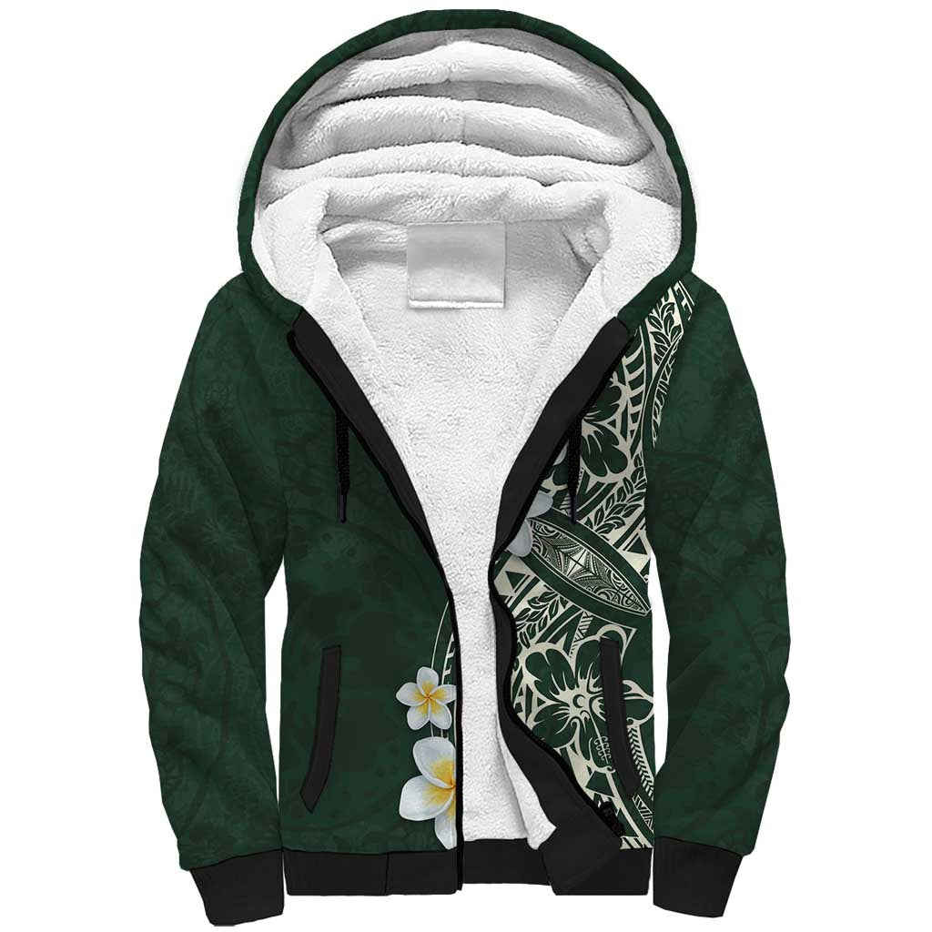 Plumeria Sherpa Hoodie Polynesian Tribal Frangipani Green