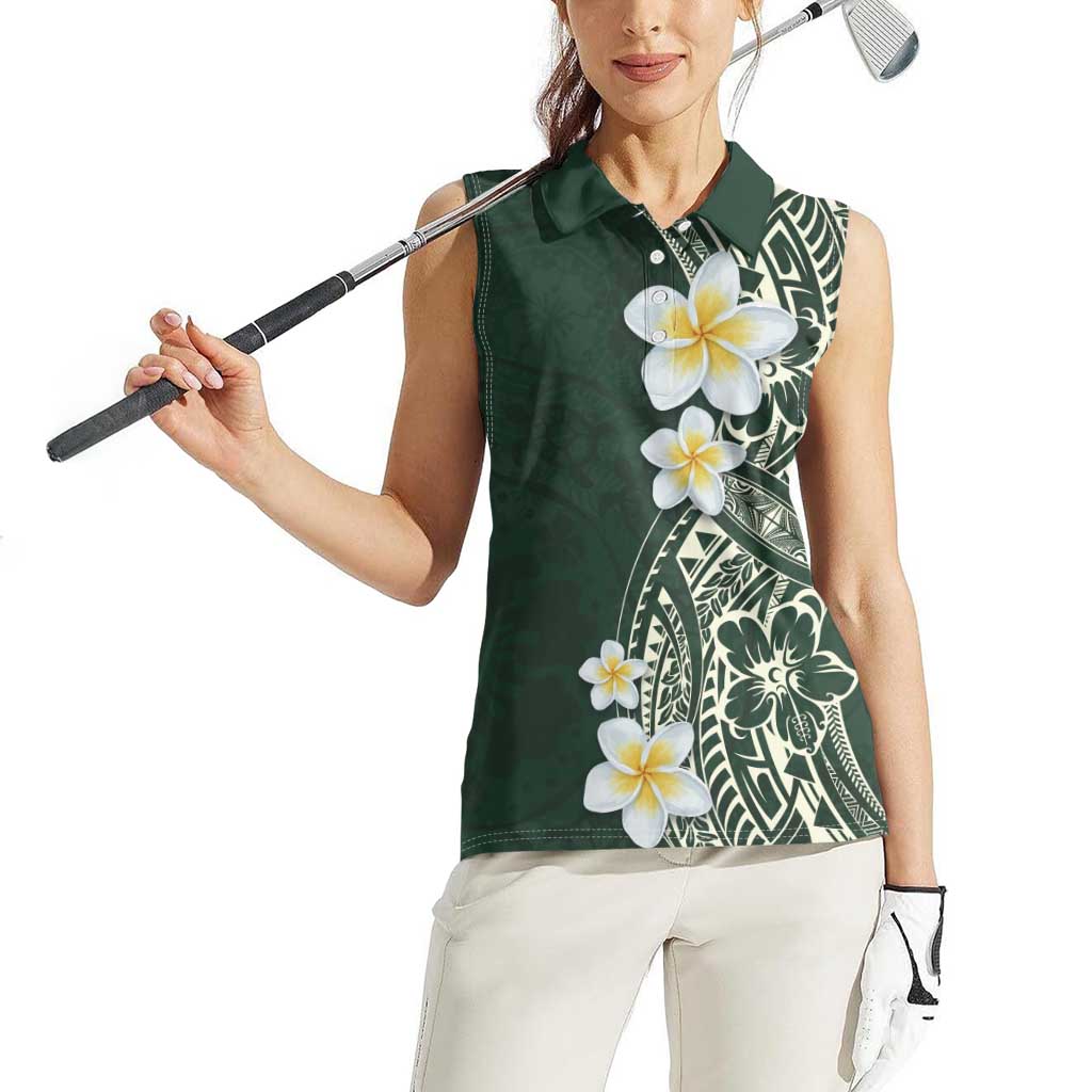 Plumeria Women Sleeveless Polo Shirt Polynesian Tribal Frangipani Green LT03 - Polynesian Pride